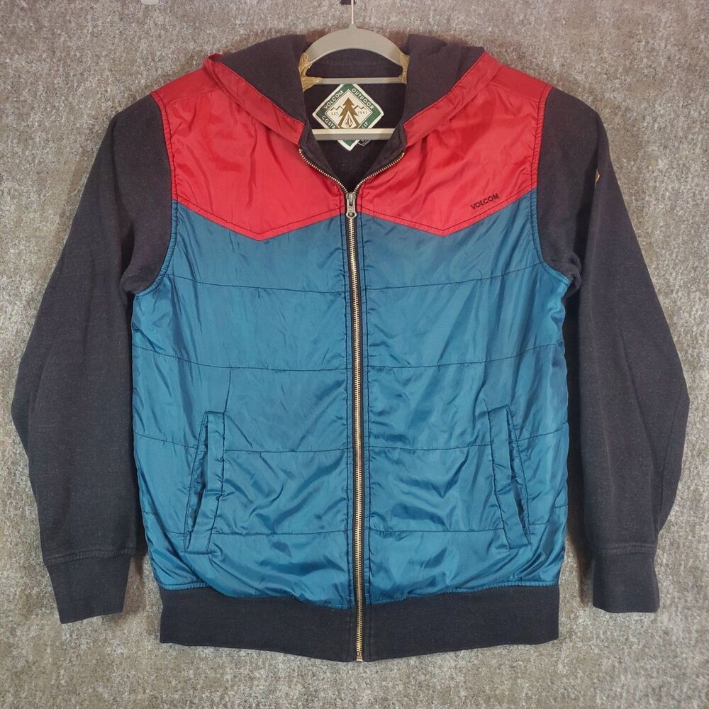 Volcom Men's S/P Blue Red Black Hooded Zip Cane Lined Windbreaker Jacket